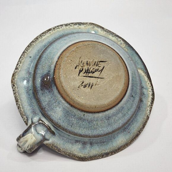 Alewine Pottery 4" Candle Holder Handle Brown Blue Speckle Incense 2011 Signed - Picture 7 of 10